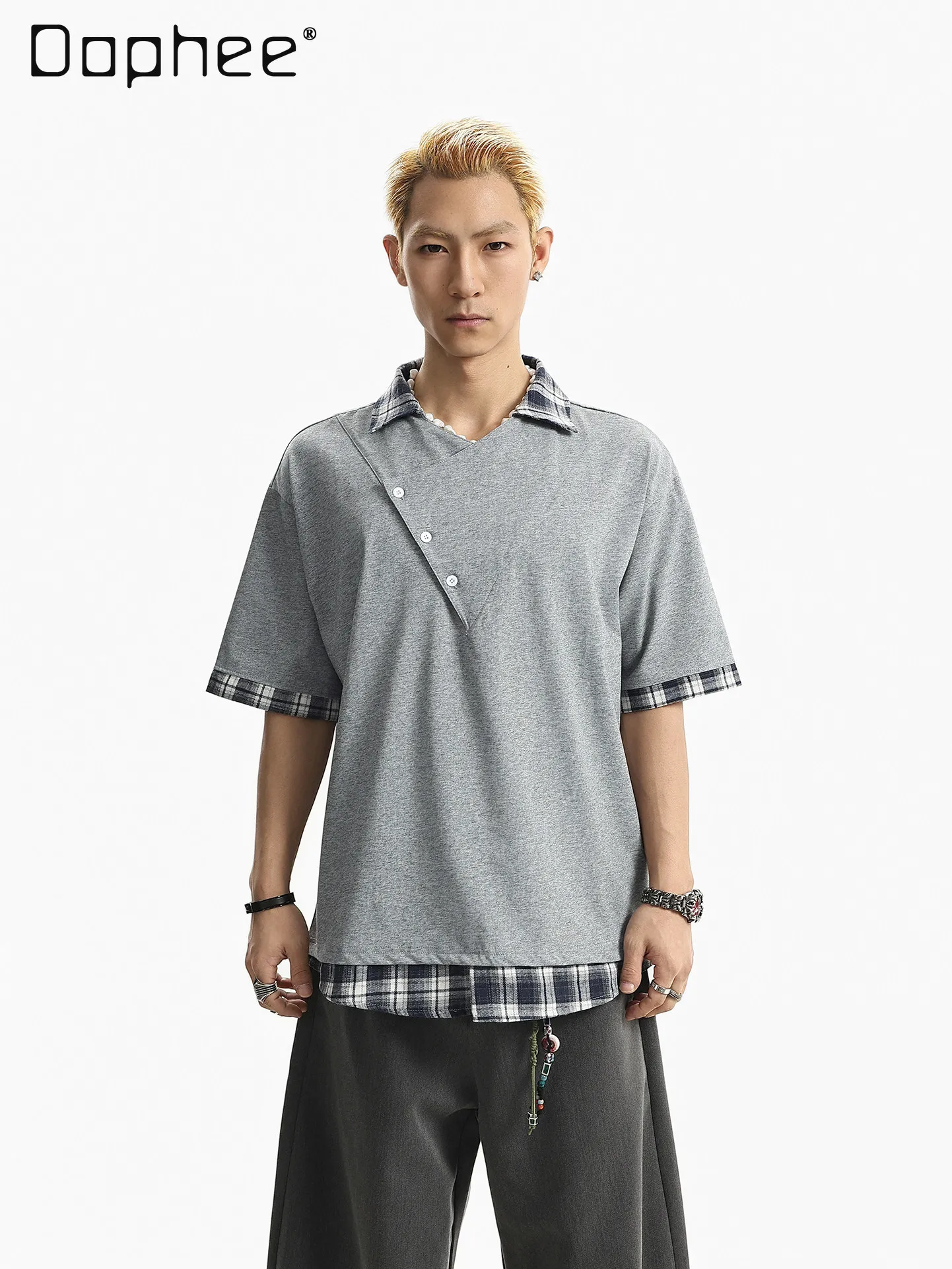 

Summer American Retro Style Men's Gray and Black Plaid Patchwork Loose Casual Turn-down Collar Short-sleeve T-shirt