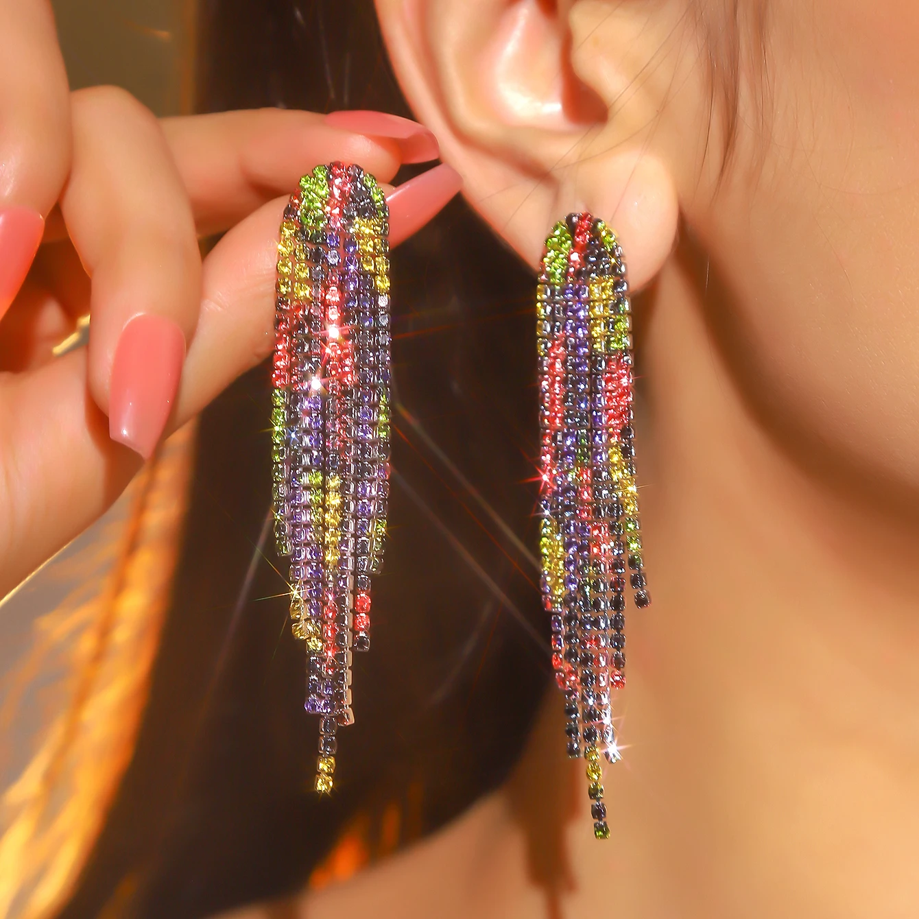 Rhinestone Tassel Earrings For Women Dress Colorful Fringe Prom Earrings Long Tassel Bling Crystal Dangle Drop Earrings