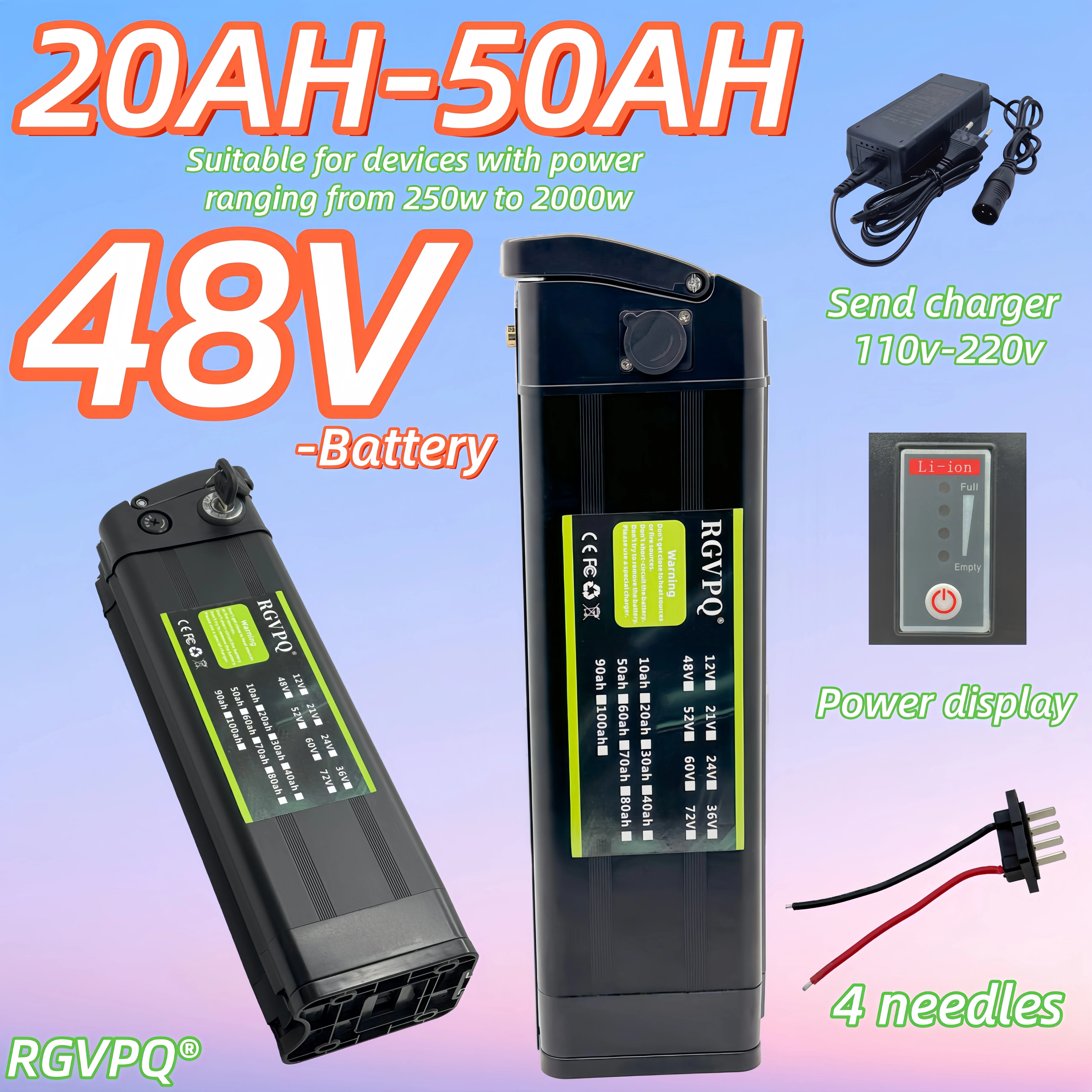 48V18650 lithium battery Silver Fish model, bottom discharge 4-pin, 20AH-50AH, suitable for driving folding bicycles