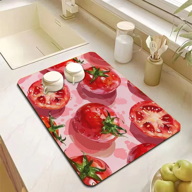 Alfombrilla de cocina para secar platos con diseño de tomate y estampado de leopardo rosa, escurridor de vajilla, alfombrilla para encimera de frutas frescas y café