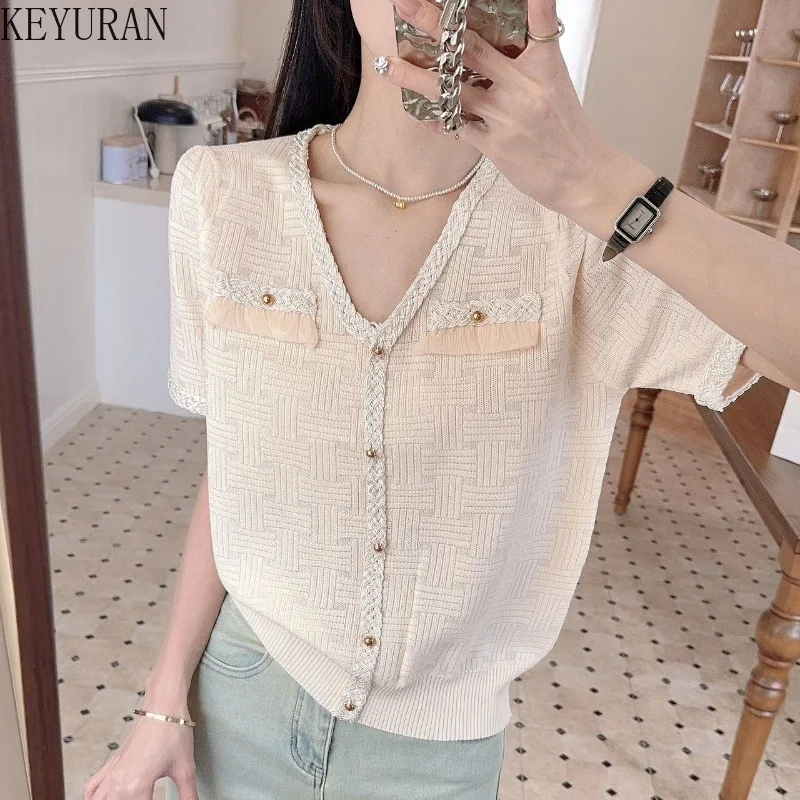 

2025 New Summer Knitted Sweater T Shirt Women's Korean Fashion Chic V-neck Short Sleeve Pullover Knitwear Tops Jumper Female