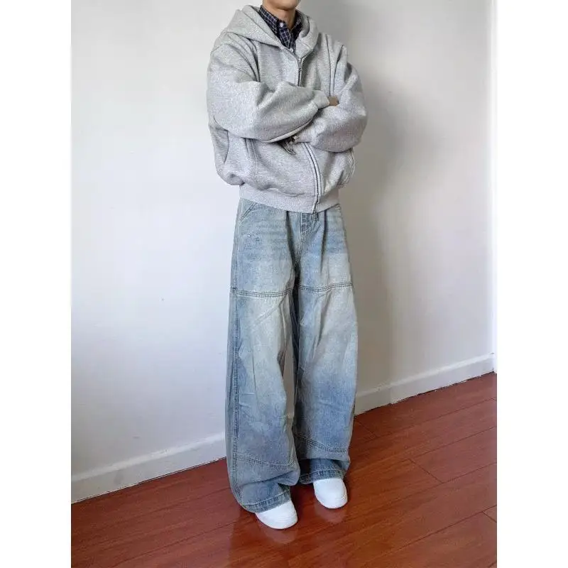Men's Retro Blue Jeans Vintage Boys Baggy Trousers 90s Y2k Casual Pants Male Straight High Waist Wide Leg Unisex Sweatpants