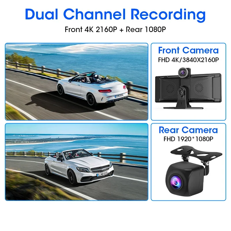 10.26 inch Car DVR 4K Dash Cam Wireless CarPlay & Android Auto BT GPS Navigation Dual Lens Mirror Video Player 1080P Rear Camera