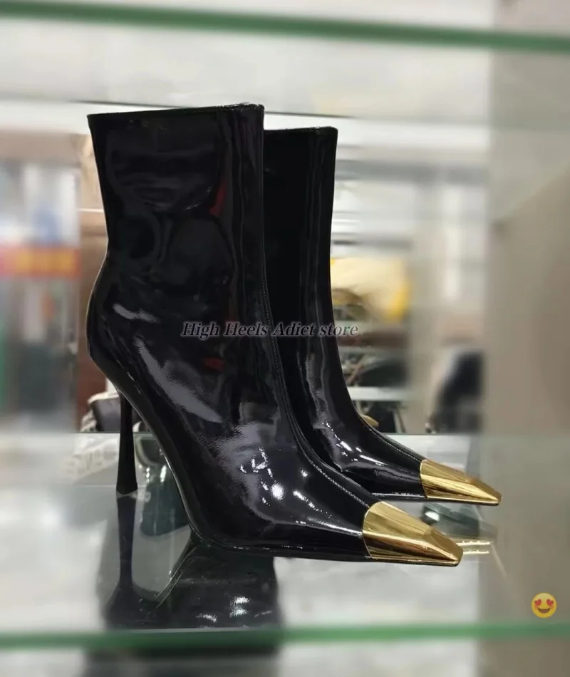 Женские пикантные ботильоны из лакированной кожи с металлическим острым носком, роскошные дизайнерские ботильоны на высоком каблуке 7/9 см, туфли для вечеринок