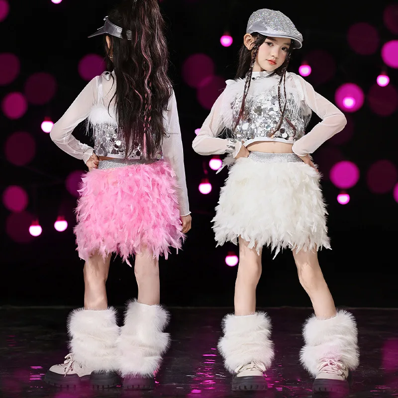 

Kid Cute Hip Hop Clothing Sequined Cami Tank Crop Top Sheer Mesh T Shirt Feather Mini Skirt for Girl Jazz Dance Costume Clothes