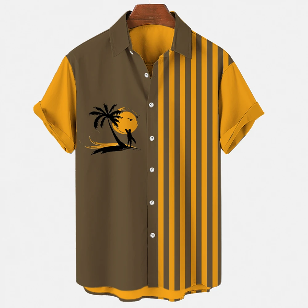 Shirts For Men Hawaiian Shirt Men's Yellow Striped Tree Car Print Coconut Loose Casual Lapel Single Breasted Shirt S-5XL Blouses