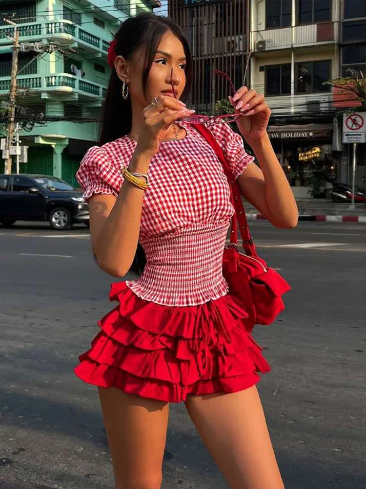 

Leosoxs Sweet 2-Piece Set Women Plaid Puff Sleeve O-Neck Crop Tops+Multi-Layered Bandage Puffy Skirt Streetwear Matching Suit