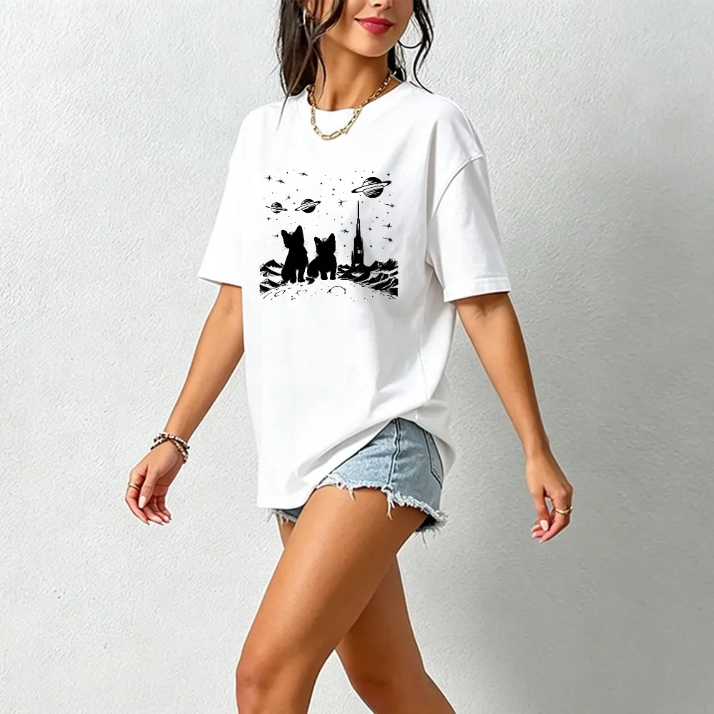 New Space Kitten Tshirt Women Vintage Retro Cat Planet White Short Sleeve Crew Neck Casual Aesthetic Galaxy Funny Pet Lover Gift