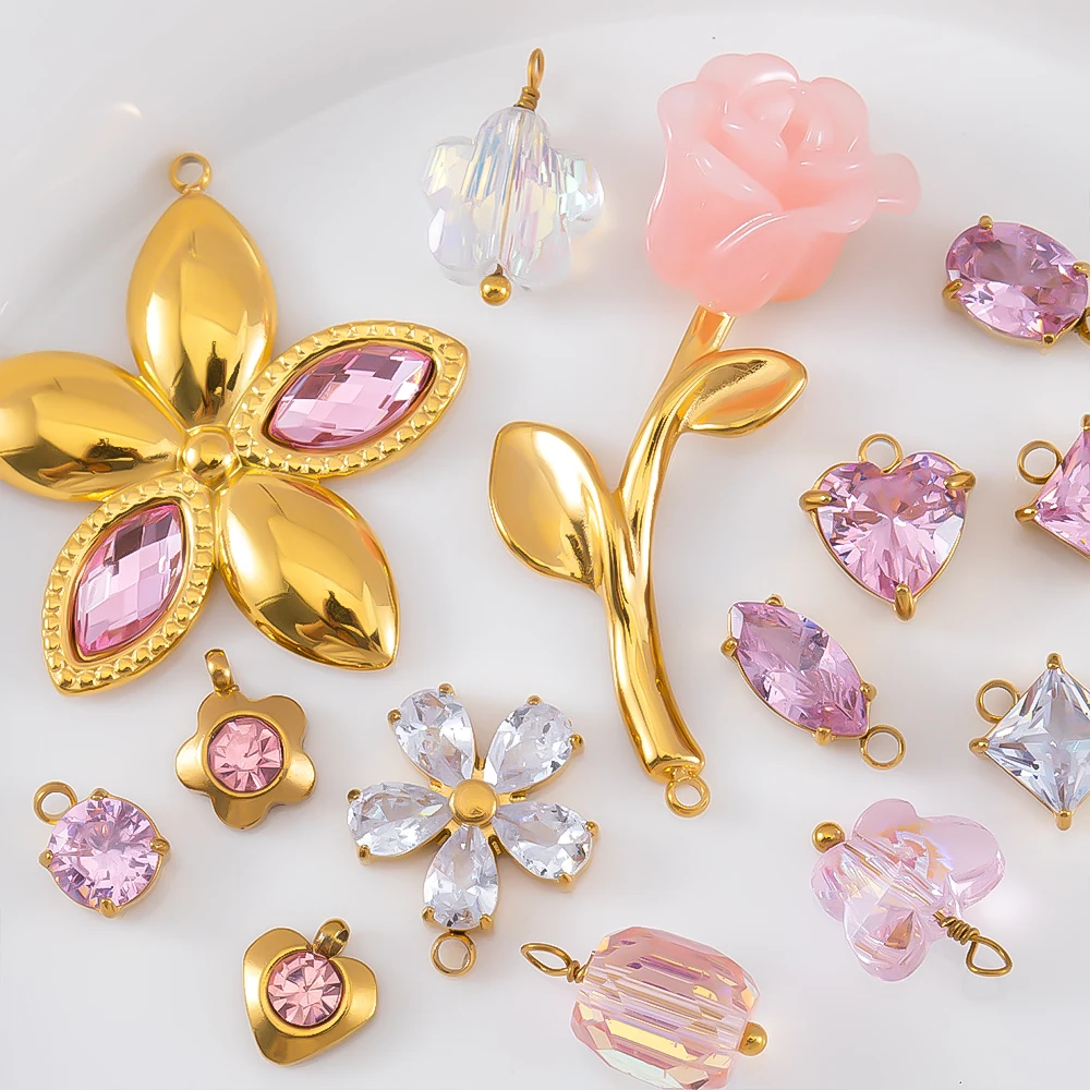 

2/5pcs Stainless Steel Zircon Flower Pendants Crystal Pendants Water droplet Charms for DIY Jewelry Making Bracelet Accessories