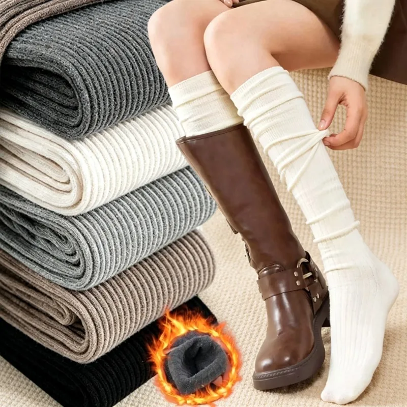 Warm Knee High Stockings Warm Women Girls Solid Color Vertical Stripe Coldproof Long Socks Fashion Boots Japanese Style Female