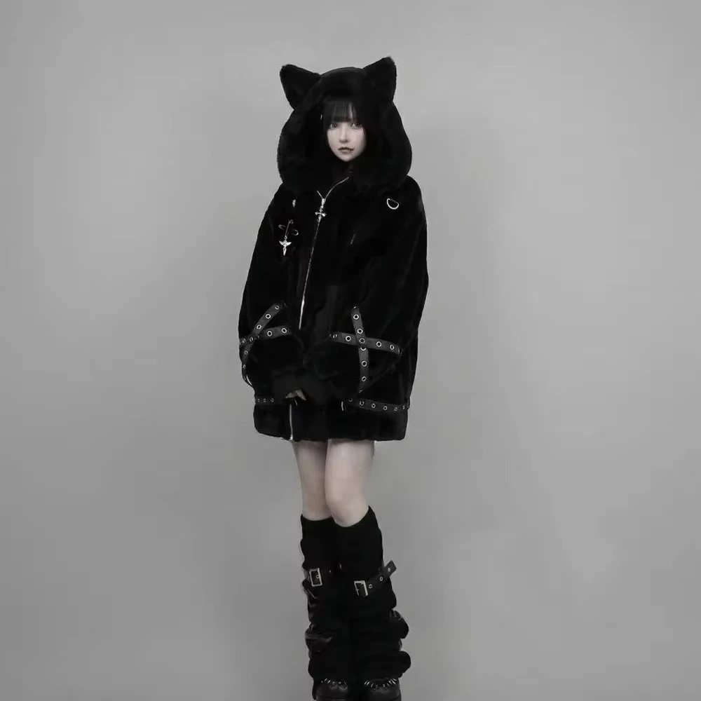 Vintage Punk Style Hoodie Long Sleeve Faux Fur Women Casual Zipper Hooded Gothic Y2K Subculture Harajuku Sweatshirts Autumn