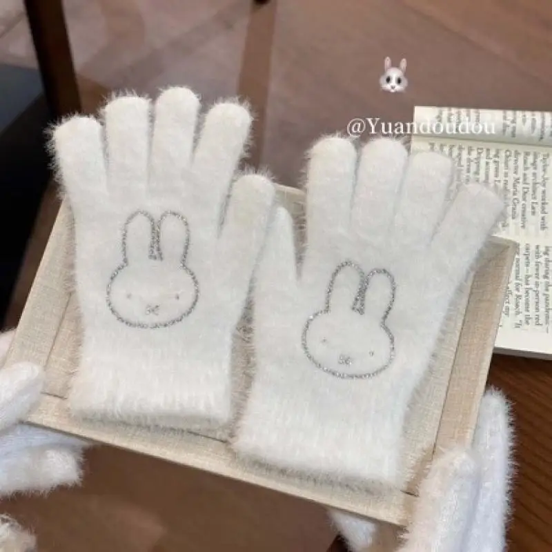 Kawaii Bright Diamond Miffy Gloves New Cartoon Japanese Anime Rabbit Warm and Velvet Riding Finger Gloves Friend's Birthday Gift