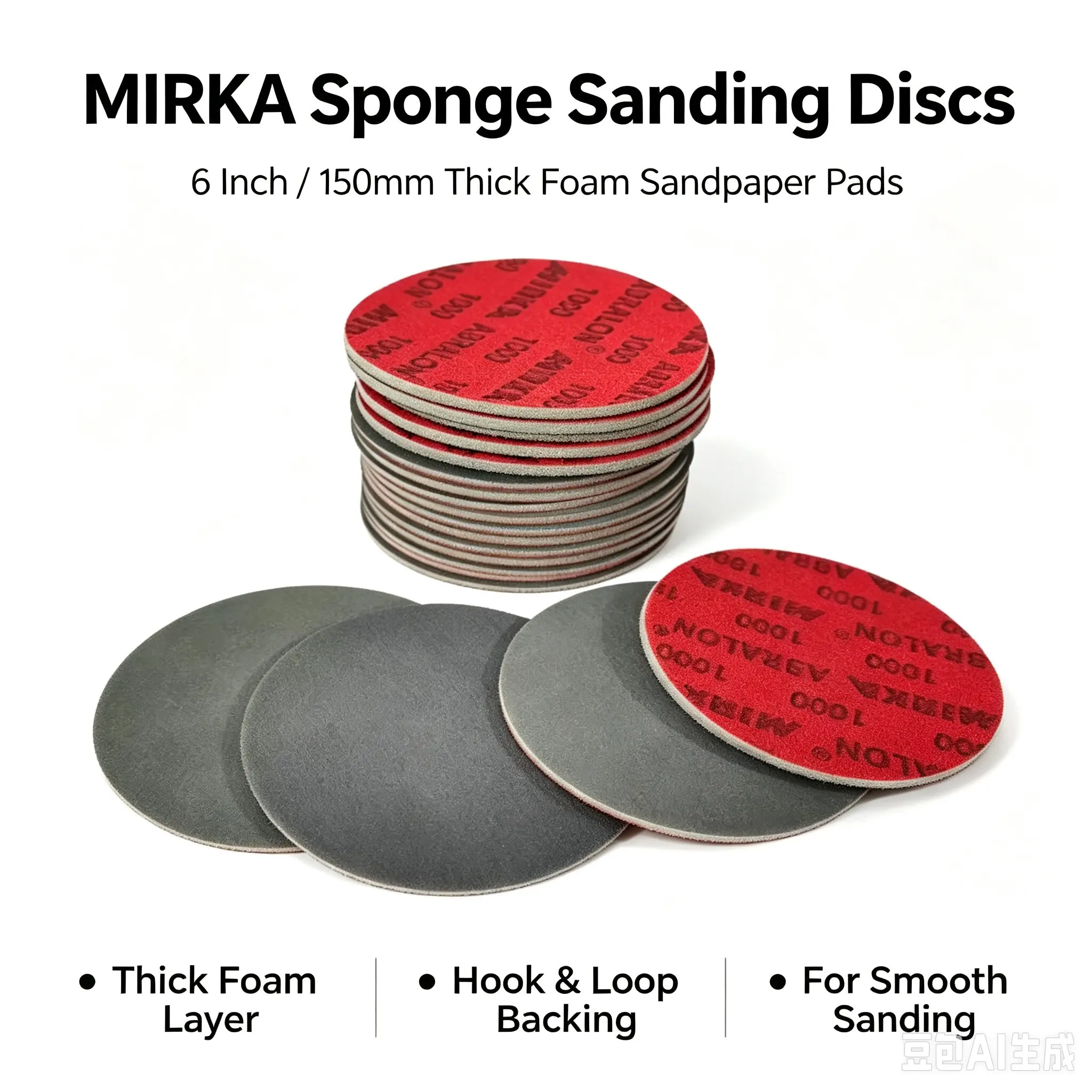 MIRKA 6 Inch 150mm Thick Foam Sponge Sanding Discs Hook & Loop Backed Sandpaper Pads for Auto Body Paint Polishing and Surface F