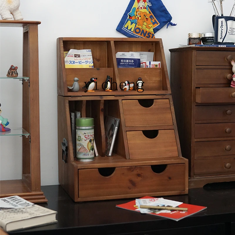GZ  retro desktop display cabinet sorting storage box solid wood multi-layer drawer type medieval table rack