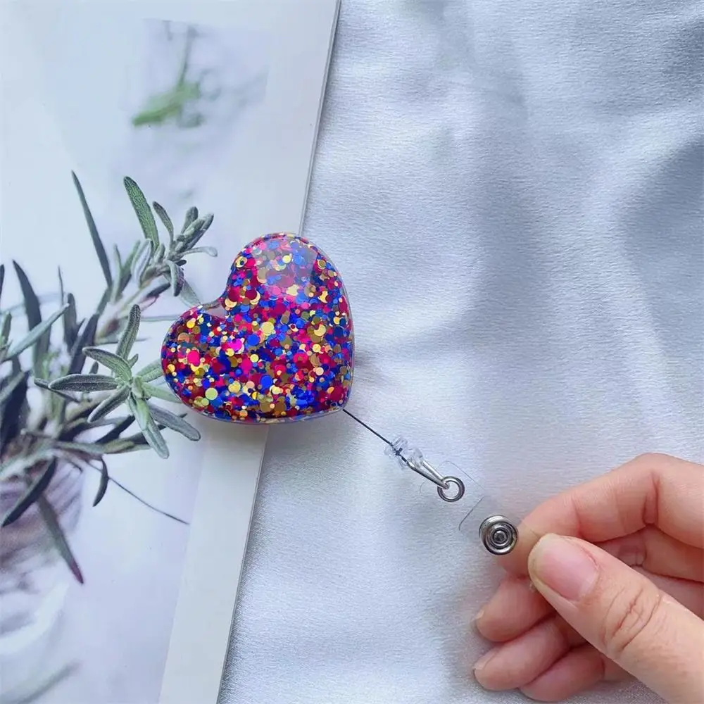 Love Heart Retractable Badge Holder Alligator Swivel Clip Bling Glitter Nurse Badge Reel 360 Rotating Exhibition Card