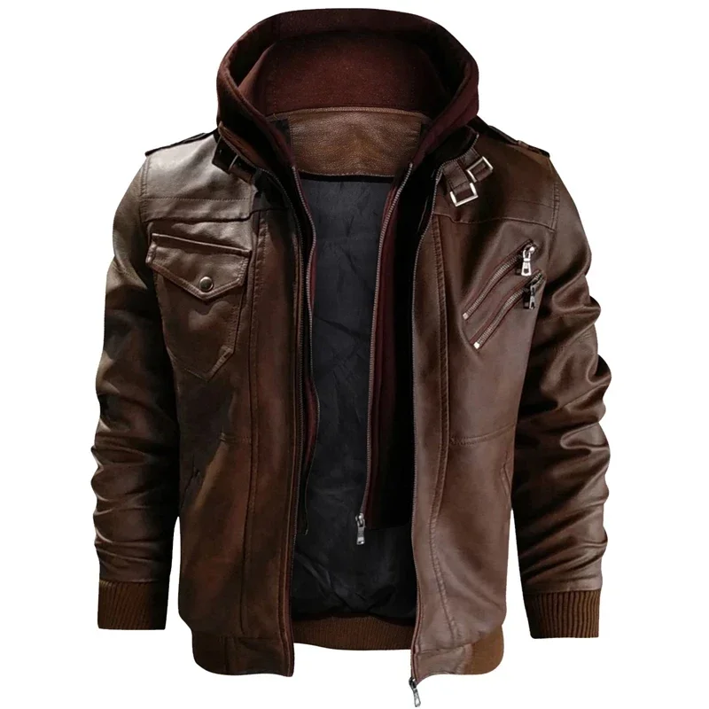 

Men's Autumn Winter Motorcycle Leather Jacket Windbreaker Hooded Jackets Male Outwear Warm Baseball Jackets Plus Size 3XL