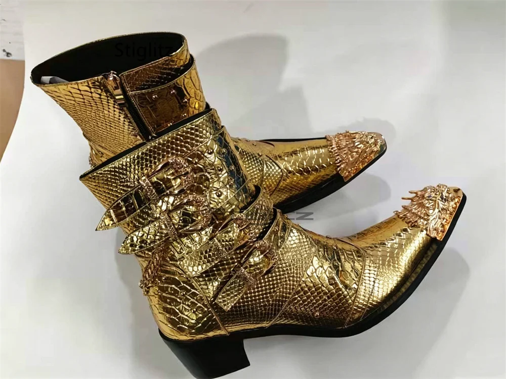 Belt Buckle Chain High Heel Chelsea Boots for Men Metal Pointed Dragon Toe Genuine Leather Trendy Party Dress Wedding Shoes