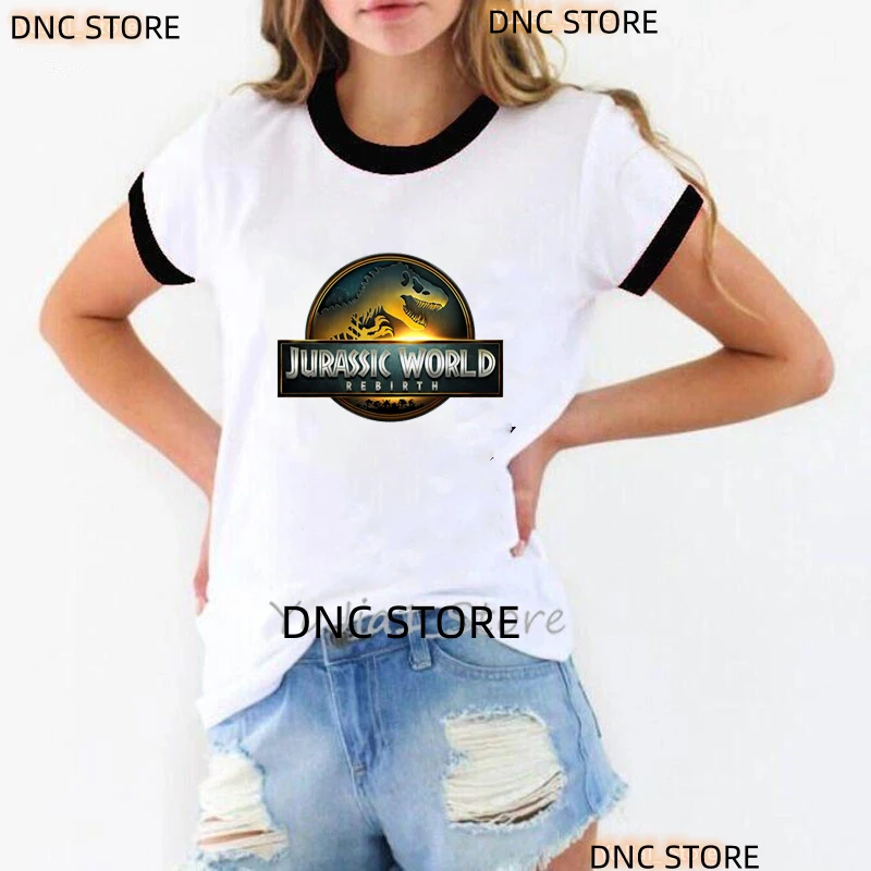 2025 ジュラシックワールド復活映画女性 Tシャツ、ジュラシックガールズ Tシャツ服、恐竜シャツ、女性服、夏 Tシャツ