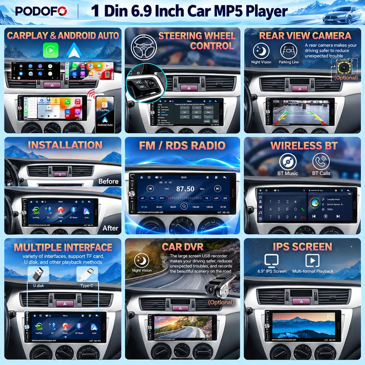 Podofo, lettore MP5 per auto con schermo da 6,9 pollici, compatibile con CarPlay wireless e cablato, Android Auto, autoradio con schermo IPS touchscreen, lettore multimediale per auto con video,