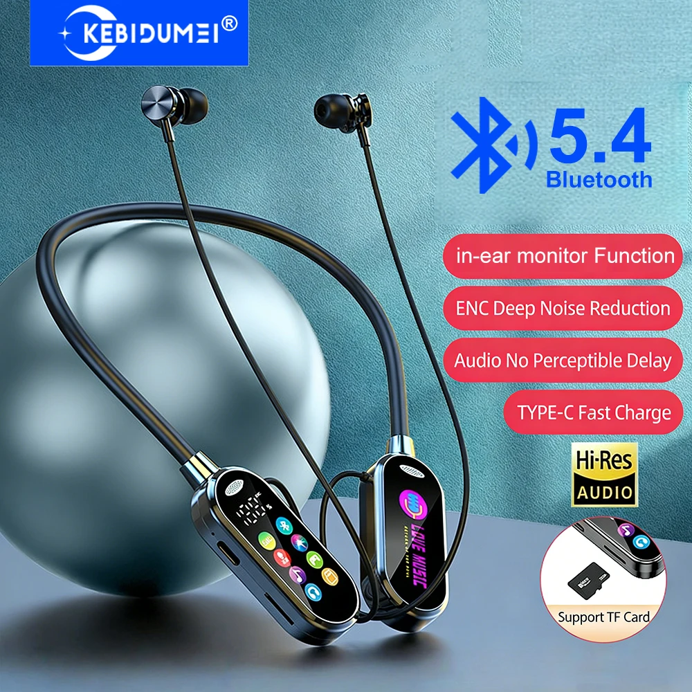 KEBIDUMEI Bluetooth 5.4 Earphones Neckband Headphones Color Screen Wireless Headsets Noise Reduction Earbuds Earphone Monitor