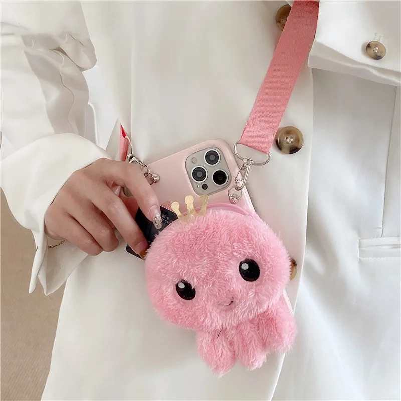 Necklace Strap Plush Octopus Phone Case For iPhone 15 14 12 13 mini 11 Pro Max X XR XS 6S 7 8 Plus Wallet Bags Furry Fur cover