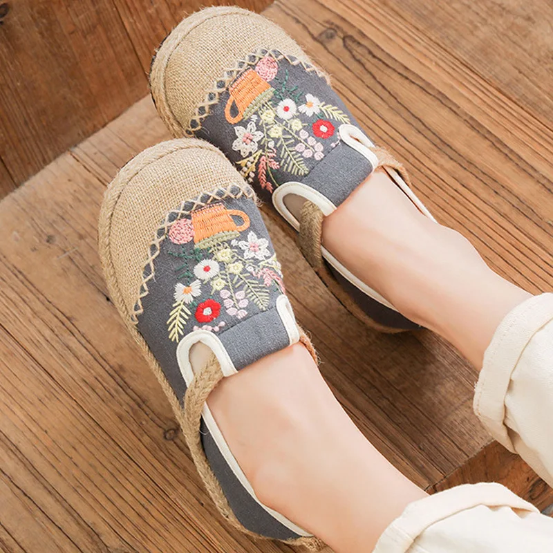 Casual Woman Shoe Female Footwear Round Toe Dress Summer New Lace-Up Fabric Microfiber Flower Ethnic Canvas Leisure PU Spring Pa