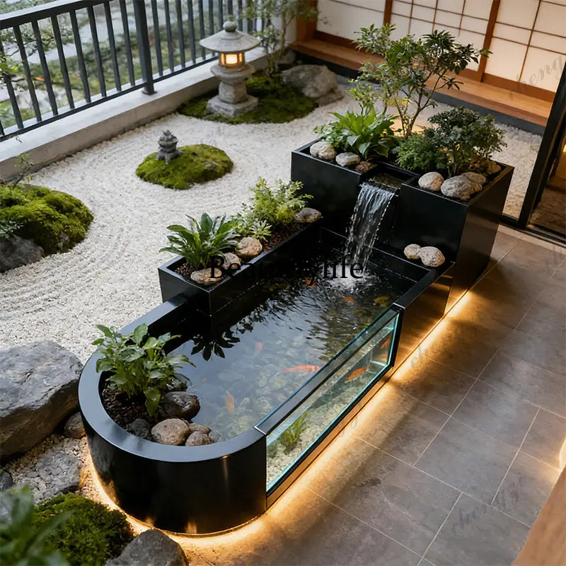 A139 courtyard terrace fish pond waterfall fountain flowing water ornament metal balcony stainless steel fish tank