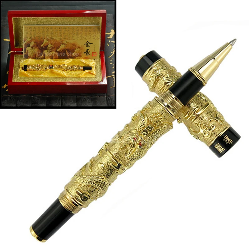 

Jinhao Nostalgic Gold And Black Roller Ball Pen Double Dragon Playing Pearl, Metal Carving Embossing Heavy Pen Gold Writing Pen