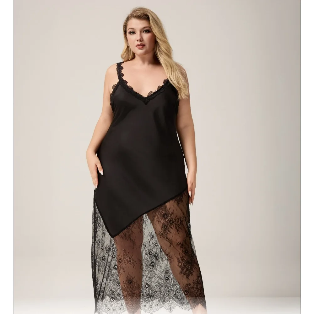 

Large size satin suspender pajamas women's summer lace patchwork sexy backless pajamas long loungewear