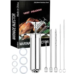 LMETJMA 2 oz Meat Injector Syringe Kit with 3 Marinade Needles Stainless Steel Meat Injector For BBQ Grill Smoker Beef JT334
