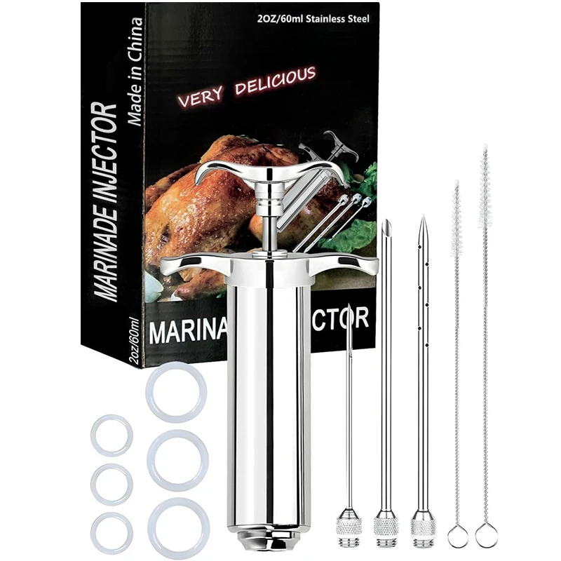 LMETJMA 2 oz Meat Injector Syringe Kit with 3 Marinade Needles Stainless Steel Meat Injector For BBQ Grill Smoker Beef JT334
