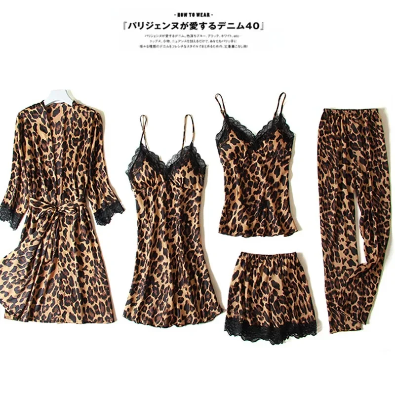 5PC Silk Robe Sleep Suit Womens Lace Satin Pajamas Gown Set  Cami Nighties Wear Pijama Home Nightwear Sexy Leopard Nightdress