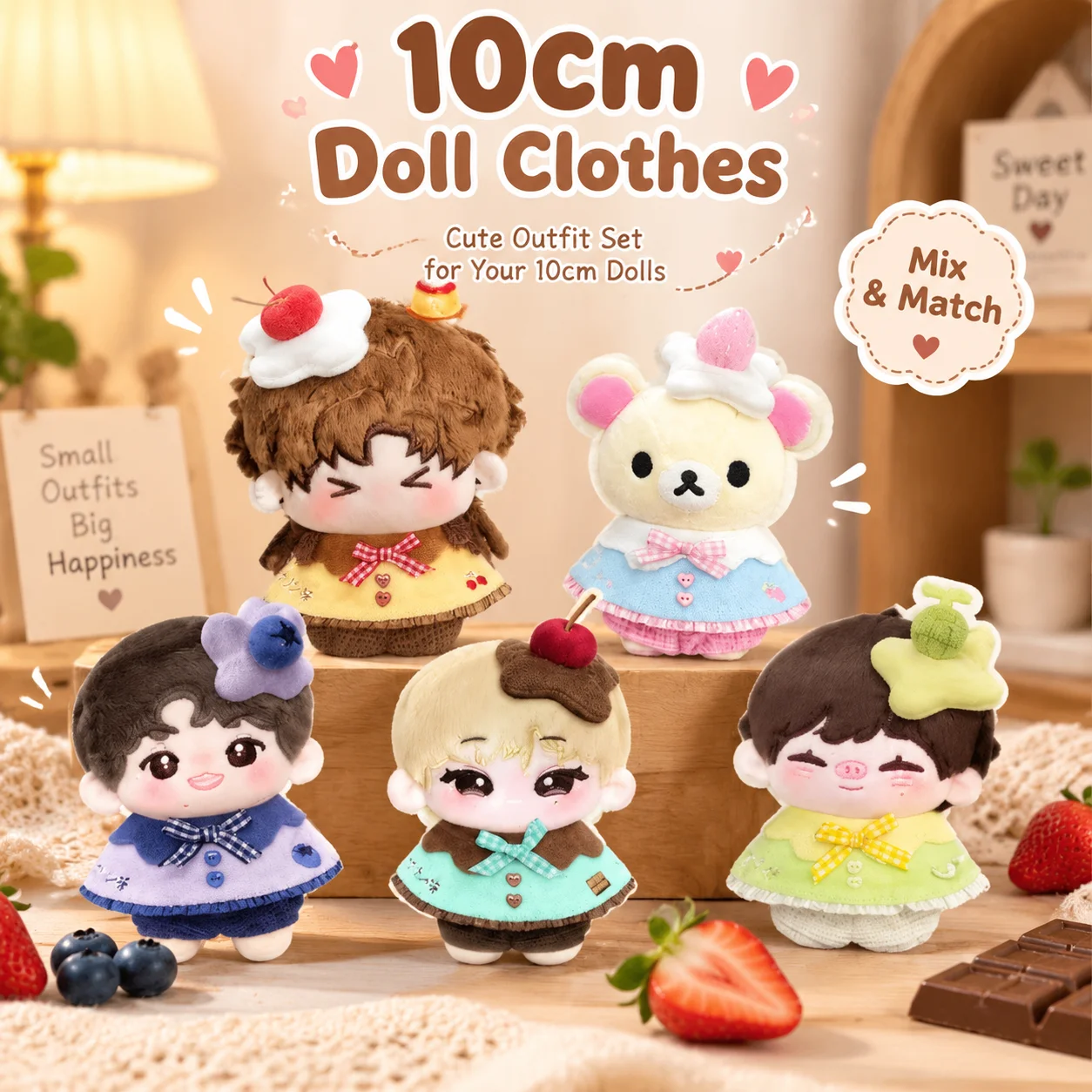 10cm Baumwoll-Puppenkleidungsset, Karamell-Erdbeer-Honigmelon-Pudding-Serie, Puppenumhang, Kleidung für verschiedene Körpertypen, Miniatur-Geschenk