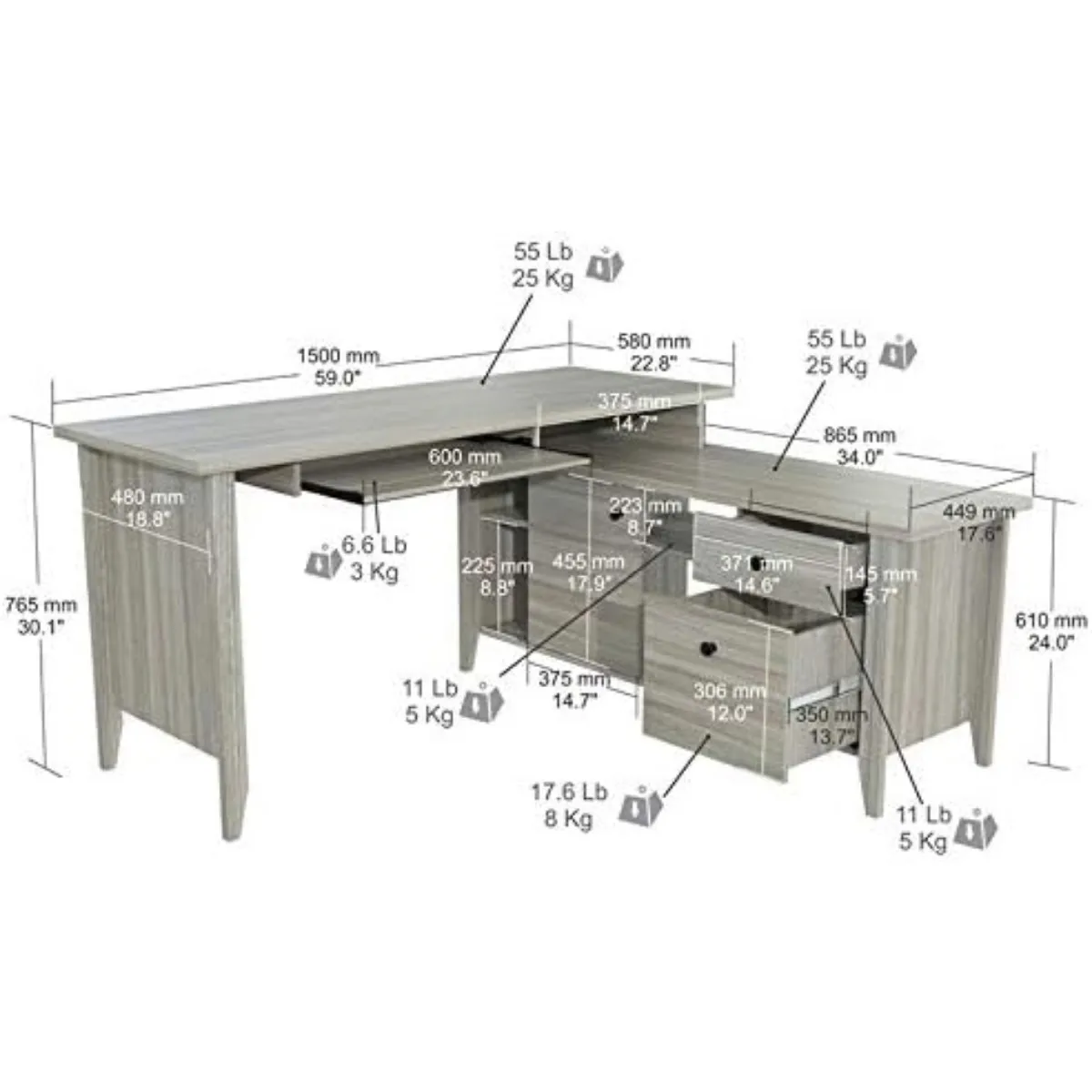 Inval L Shaped Computer Writing Desk, Smoke Oak