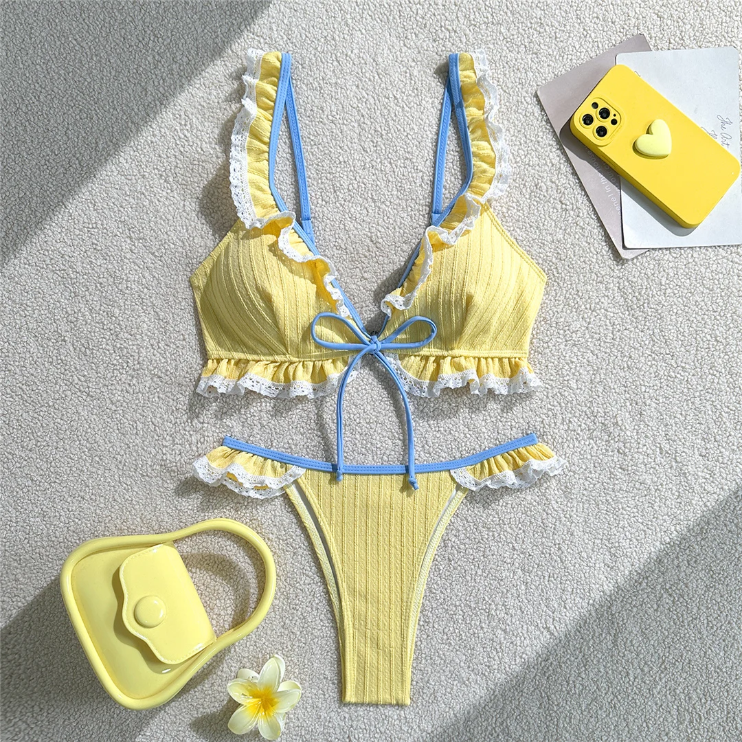 Neuer Bikini mit Rüschen und V-Ausschnitt, Spitze, Damen-Badebekleidung, zweiteiliger Bikini-Set, hoher Beinausschnitt, Badeanzug, Badebekleidung, V7844 – Detail 6