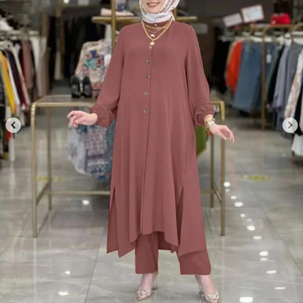 Muslim Dress for Women Blouse 2 Piece Set Long Sleeve Abaya Shirt Wide Leg Pant Suits Arabic Dubai Dresses Musulman Ensembles