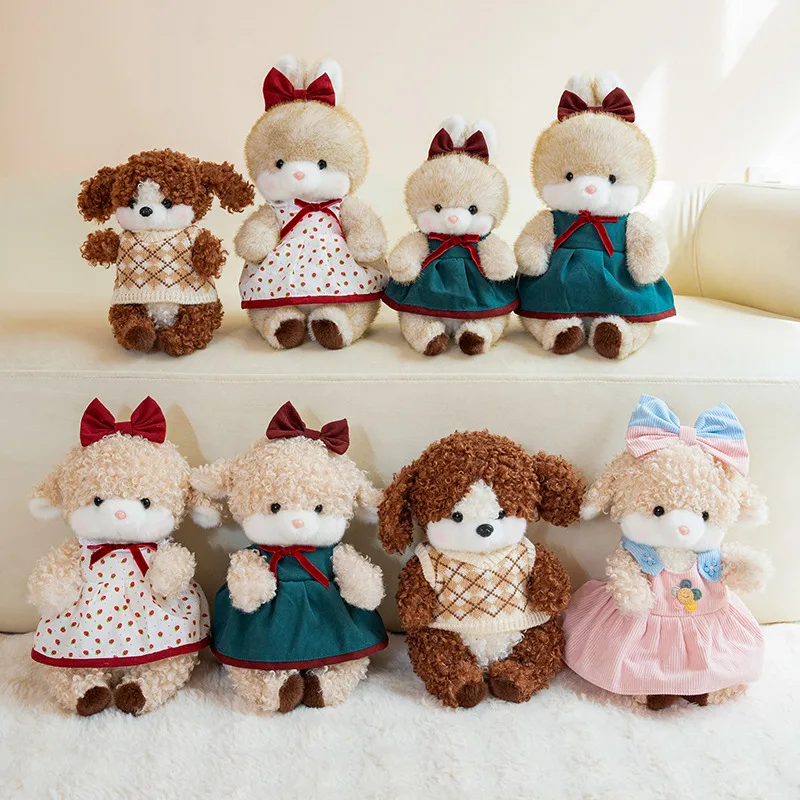 

Cute Dressed Up Sheep Plush Dolls Pink Corduroy Dress Strawberry Print Outfit With Matching Bows Warm Delightful Display
