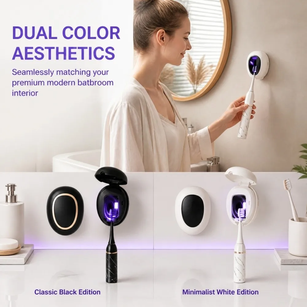 Wall-Mounted Smart Toothbrush Rack Dustproof Waterproof Toothbrush Intelligent Drying Rack with Lid Self-Adhesive
