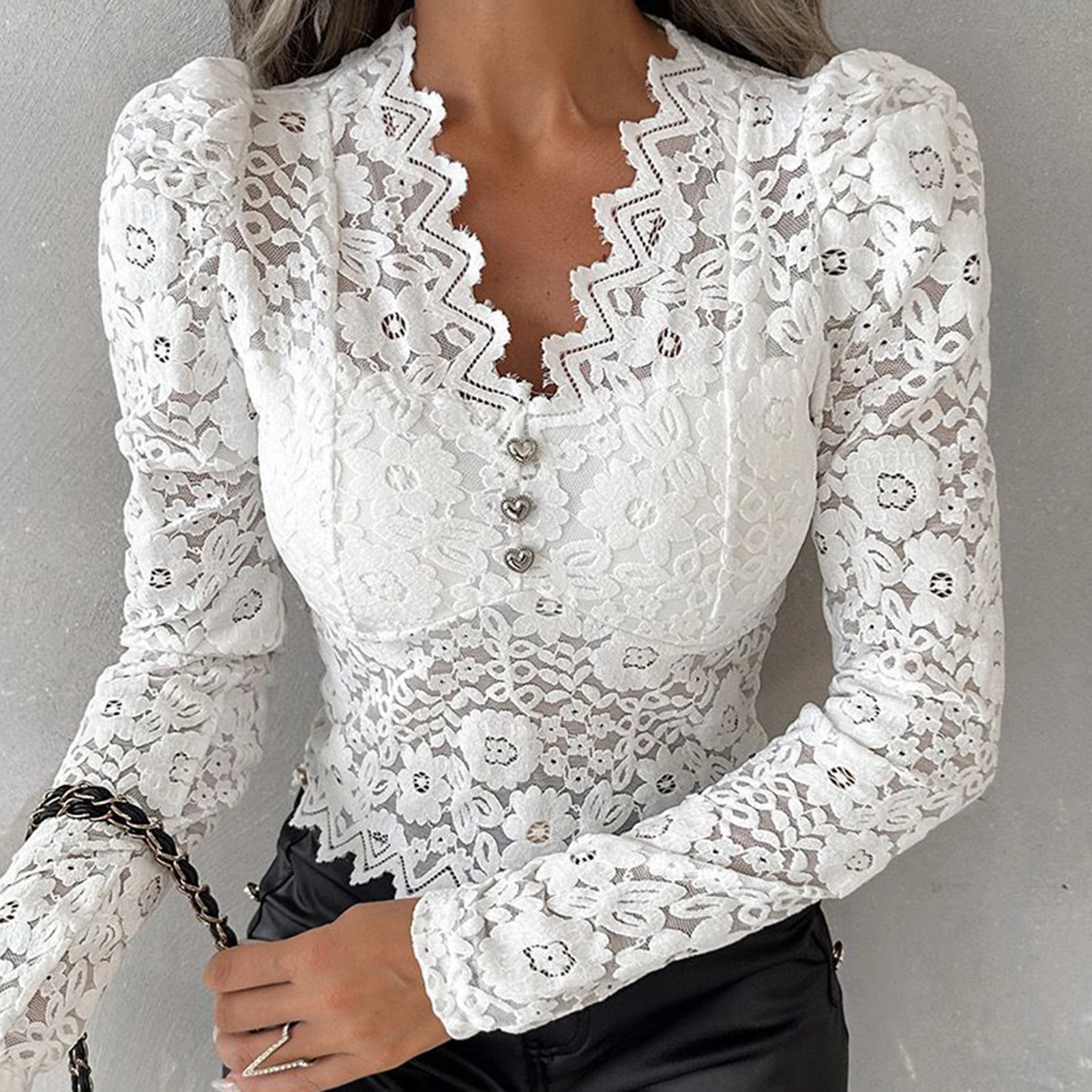 Women\'s Sexy Floral Lace Shirt Sexy V Neck Floral Lace Shirt Dressy Blouse Semi Sheer Blouse Tops