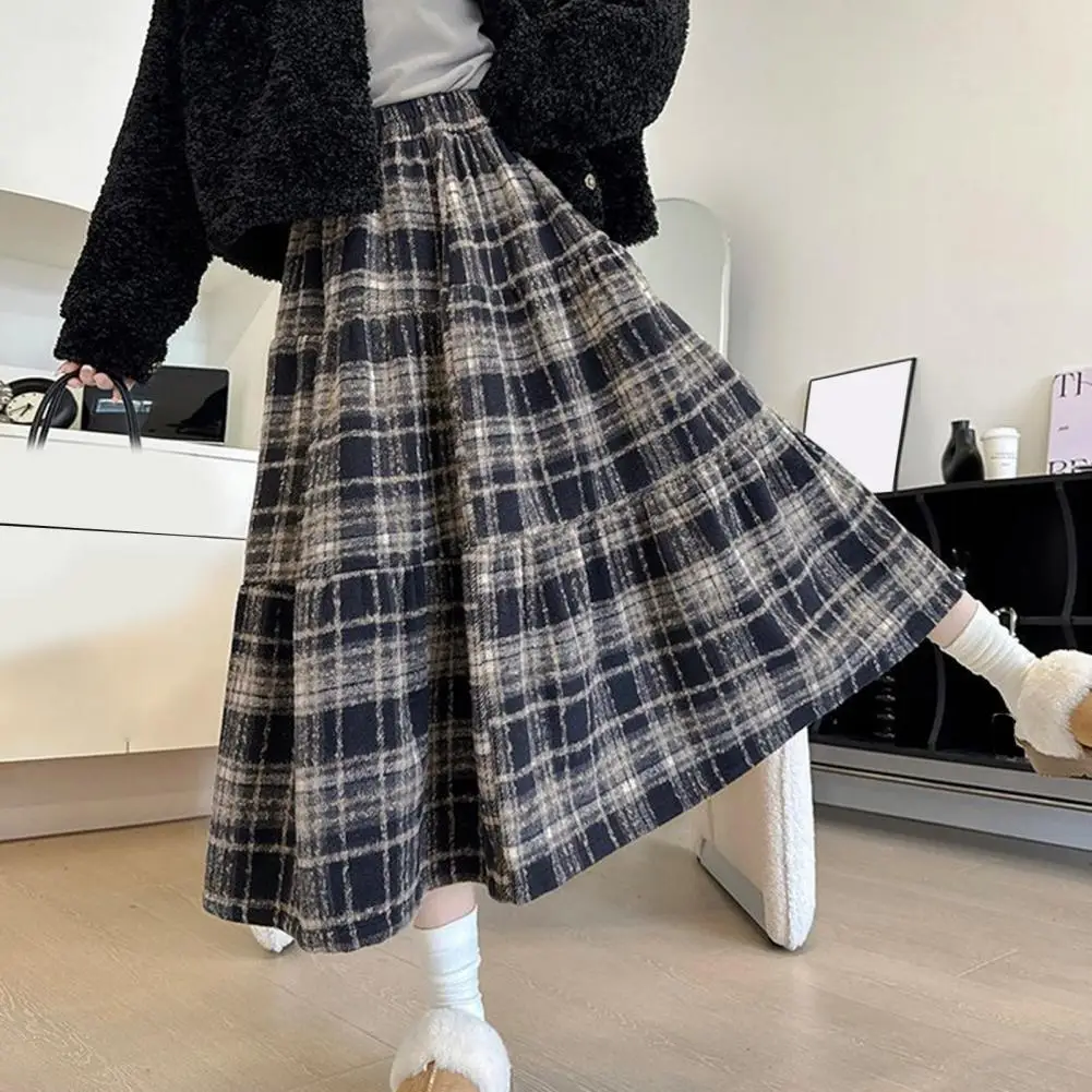 

Christmas Red Vintage Plaid Winter Woolen Cake Skirt Long Women 2024 High Waist Casual Loose Thicken A-Line Skirts Female