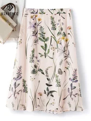 Birdtree Summer Elegant 100% Mulberry Silk Skirt High Waist A-line Vintage Ink Print Invisible Zipper Long Skirts Women B36553QM