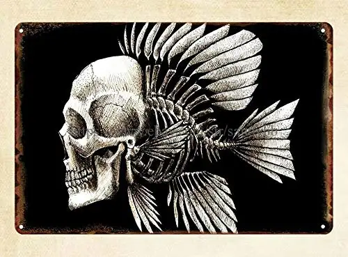 Totenköpfe, menschlicher Fisch, Kunstwerk, Charles Darwin Bones Seaman 1674, Metallblechschild, Retro-Wand, Zuhause, Bar, Kneipe, Vintage-Café-Dekoration,