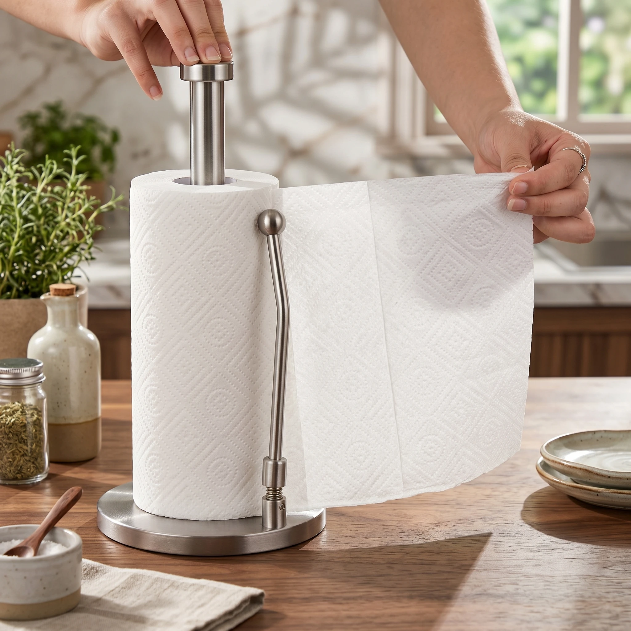 

Stainless Steel Paper Towel Stand Weighted Base Countertop Kitchen Roll Holder for Bathroom