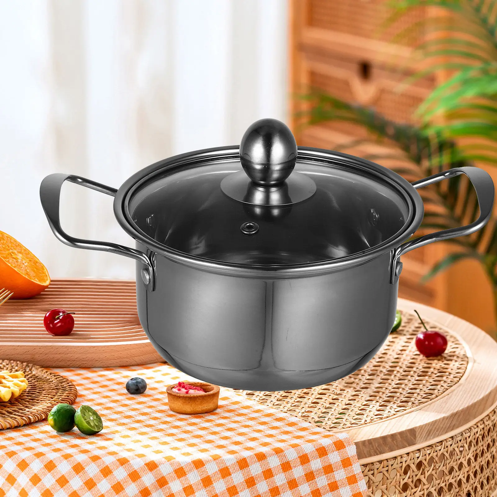 

Stainless Steel Small Hot Pot Double Handle Stock Pot Lid Cooking Soup Stew Noodles Milk Boiling Small Saucepan