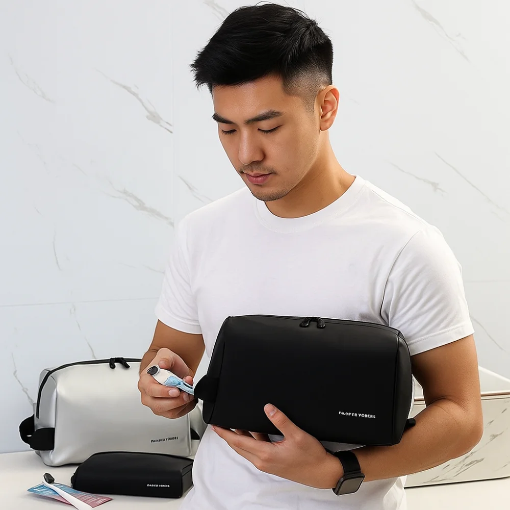 

Waterproof Man Cosmetic Bag Handheld Large Capacity PU Toiletry Bag Lightweight Dry and Wet Separation Makeup Bag Women Men