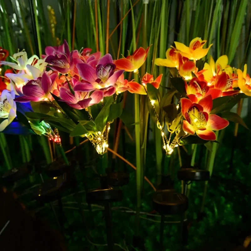 1pc conduziu luzes solares à terra, luzes artificiais do gramado da flor, luzes solares da orquídea de 7 cabeças para a decoração de natal do jardim da jarda do pátio