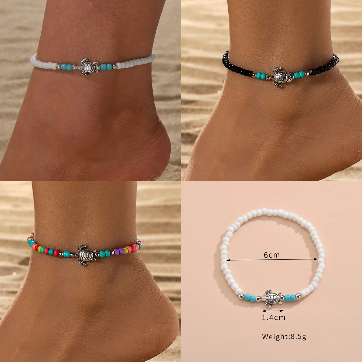 

2025 New Bohe Women's Adjustable Sea Turtle Anklet with Rainbow Beads Elastic Rope Chain Ankle Bracelet for Beach Summer Jewelry