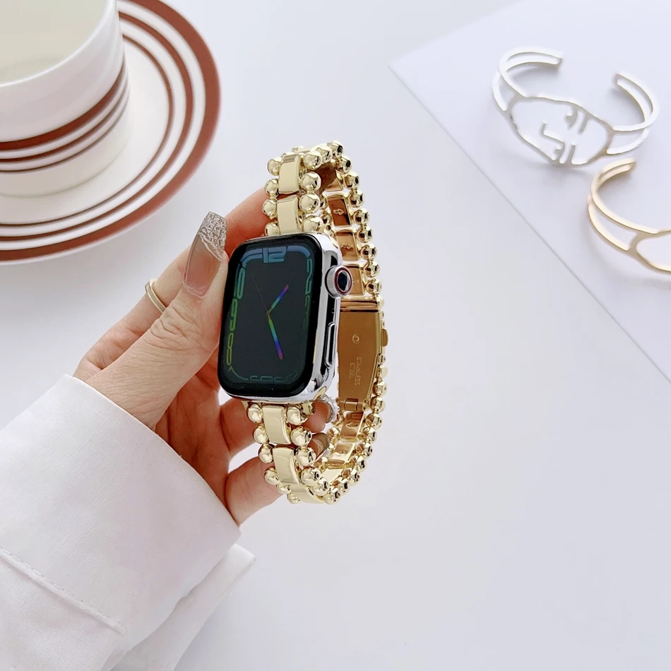 Armband für Apple Watch Band S11/10/9/8/7/SE/6/5/4/Ultra IWatch 3 2 49/46/45/44/42/41/40/38 mm, modisches Metallperlen-Kettenarmband – Detail 3