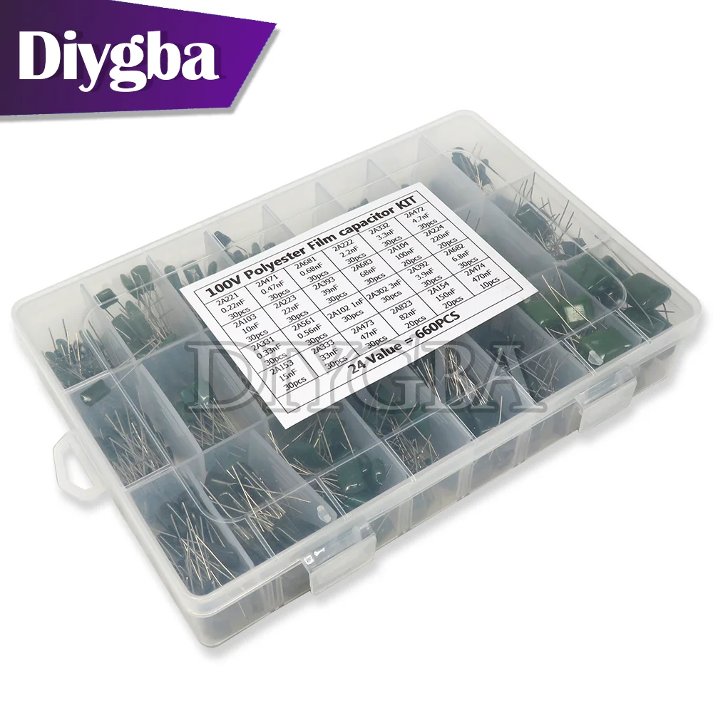 660PCS/lot 24Value 100V Capacitor kit 2A221J to 2A474J Polyester Film Capacitor Kit 0.47nF 0.68nF 1nF 2.2nF Capacitors DIYGBA