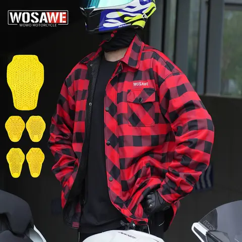 WOSAWE Motorcycle Jacket Men Casual Retro Motorcycle Checkered Shirt Breathable Motorbike Riding Coat With 5pcs Protective pads